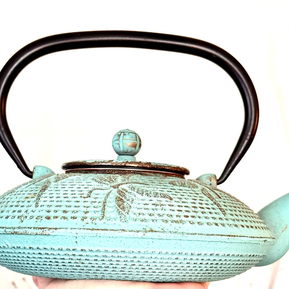 Cast Iron Japanese Teapot Turquoise Gold Butterflies Enamel Interior Strainer